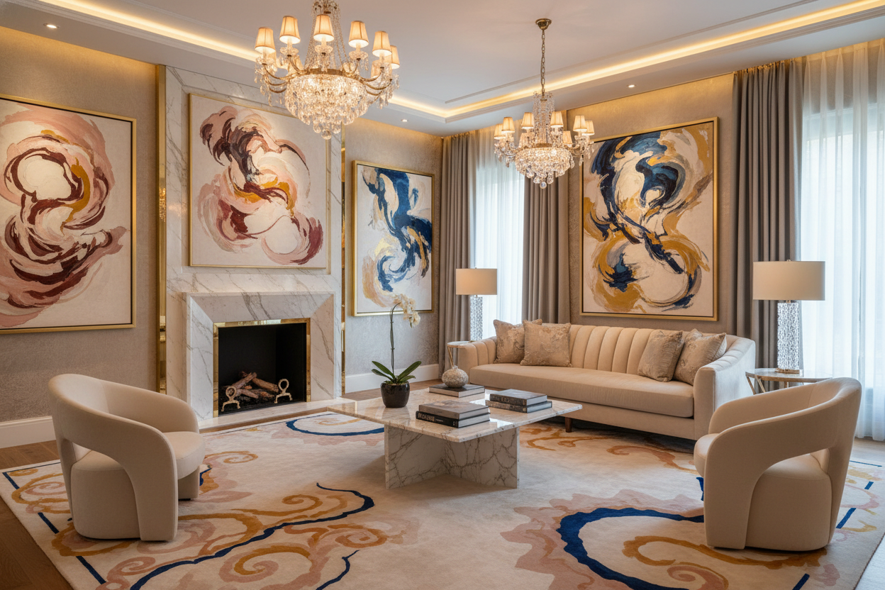 please change the sofa and chairs to a cream color, and change the paintings to match the carpet.